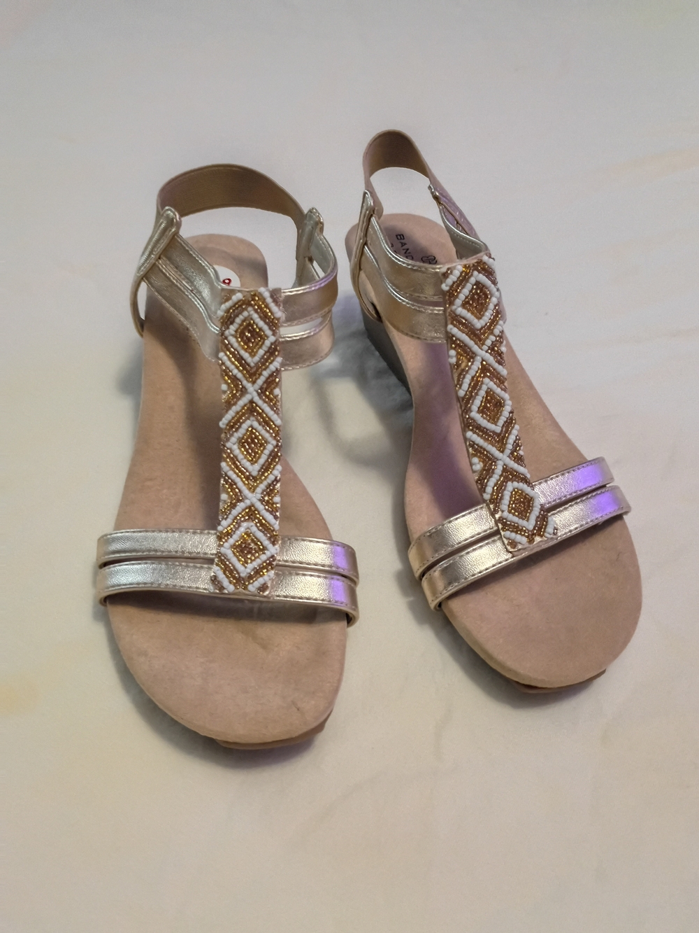 NEW!Bandolino Metallic Gold Beaded Wedge T-Strap Sandals Boho